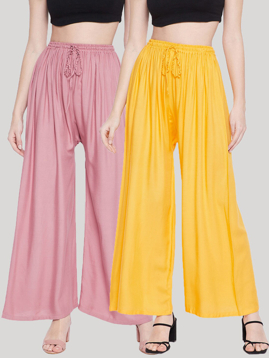 

Clora Creation Women Pack Of 2 Yellow & Pink Flared Ethnic Palazzos