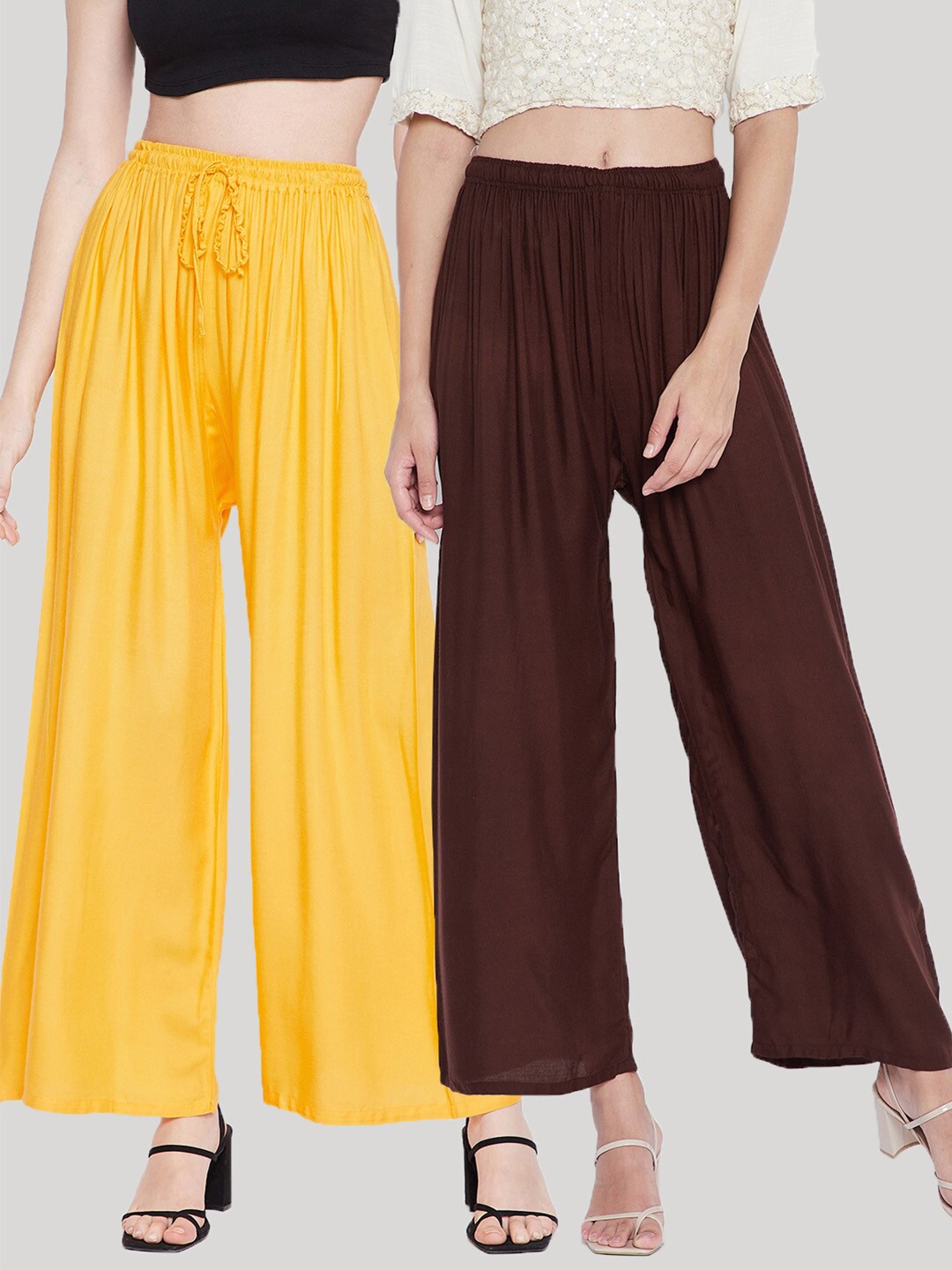 

Clora Creation Women Set Of 2 Brown & Yellow Solid Palazzos