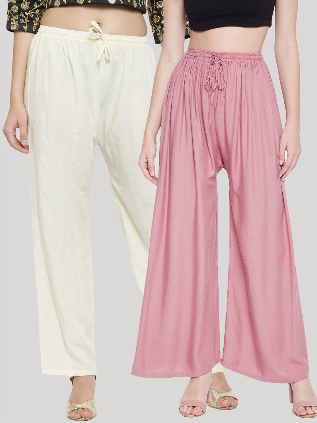 

Clora Creation Women White & Pink 2 Flared Ethnic Palazzos