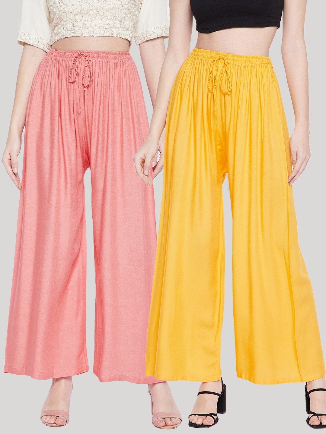 

Clora Creation Women Pack Of 2 Yellow & Pink Flared Ethnic Palazzos