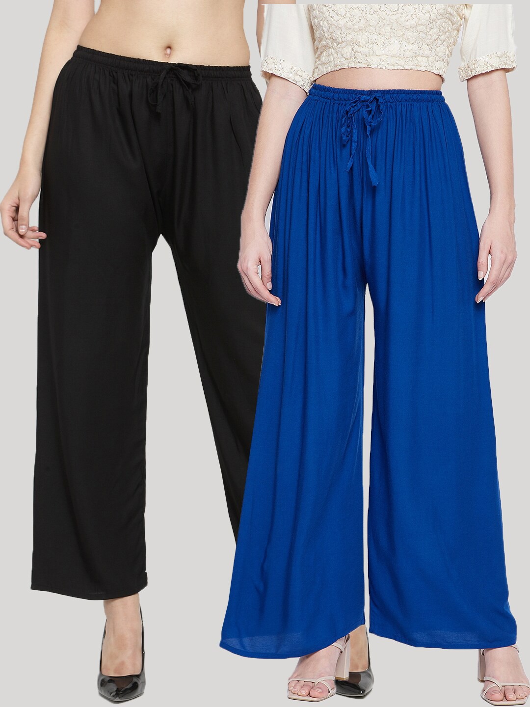 

Clora Creation Women Pack Of 2 Blue & Black Solid Flared Palazzos