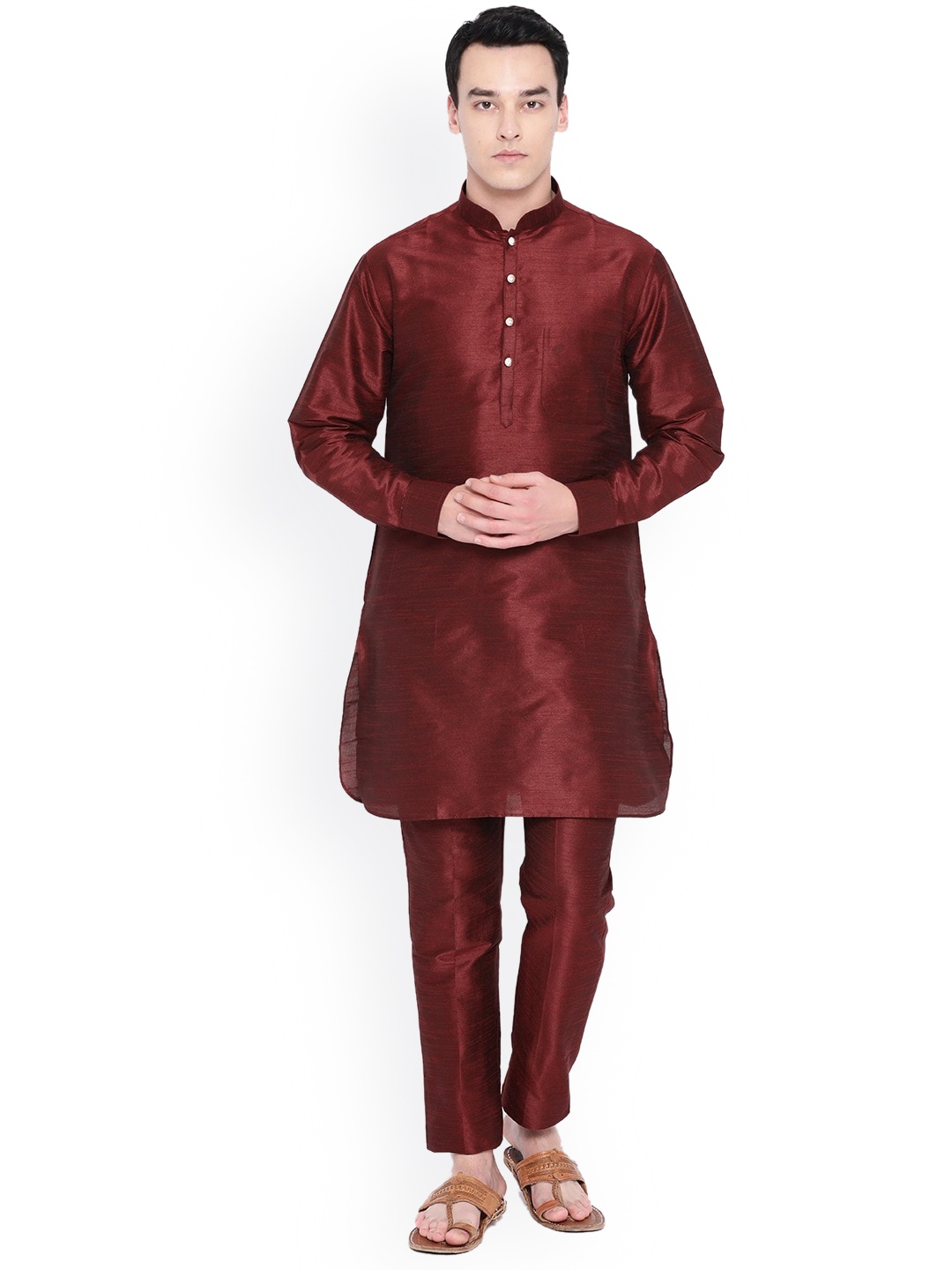 

SG LEMAN Men Maroon Raw Silk Kurta with Churidar