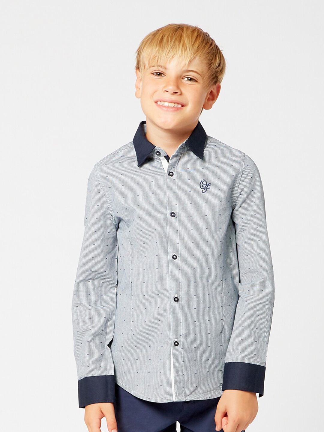 

One Friday Boys Navy Blue Comfort Pinstripes Striped Casual Shirt