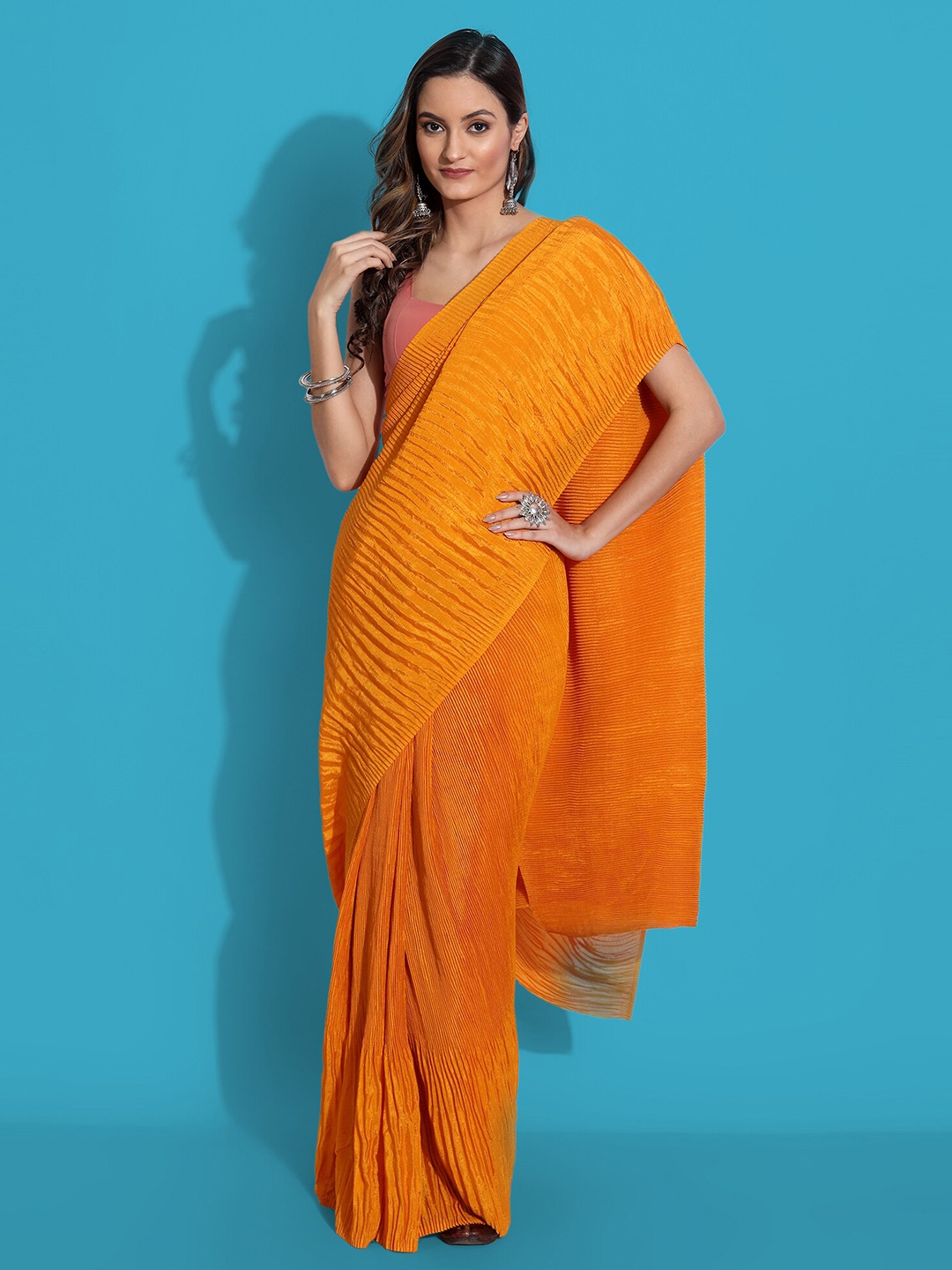 

Grubstaker Orange Solid Art Silk Saree