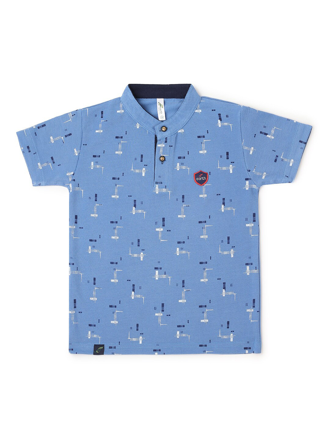 

earth conscious Boys Blue Printed Mandarin Collar Applique T-shirt