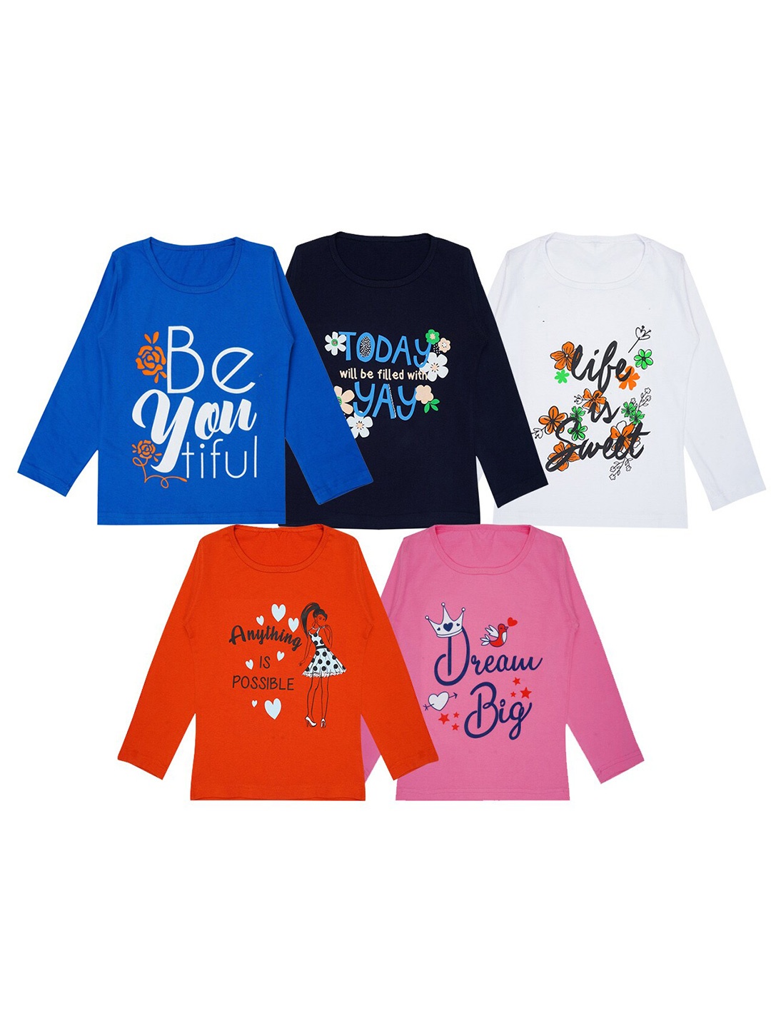

FAZZA Girls Pack Of 5 Typography Printed Cotton T-shirt, Blue