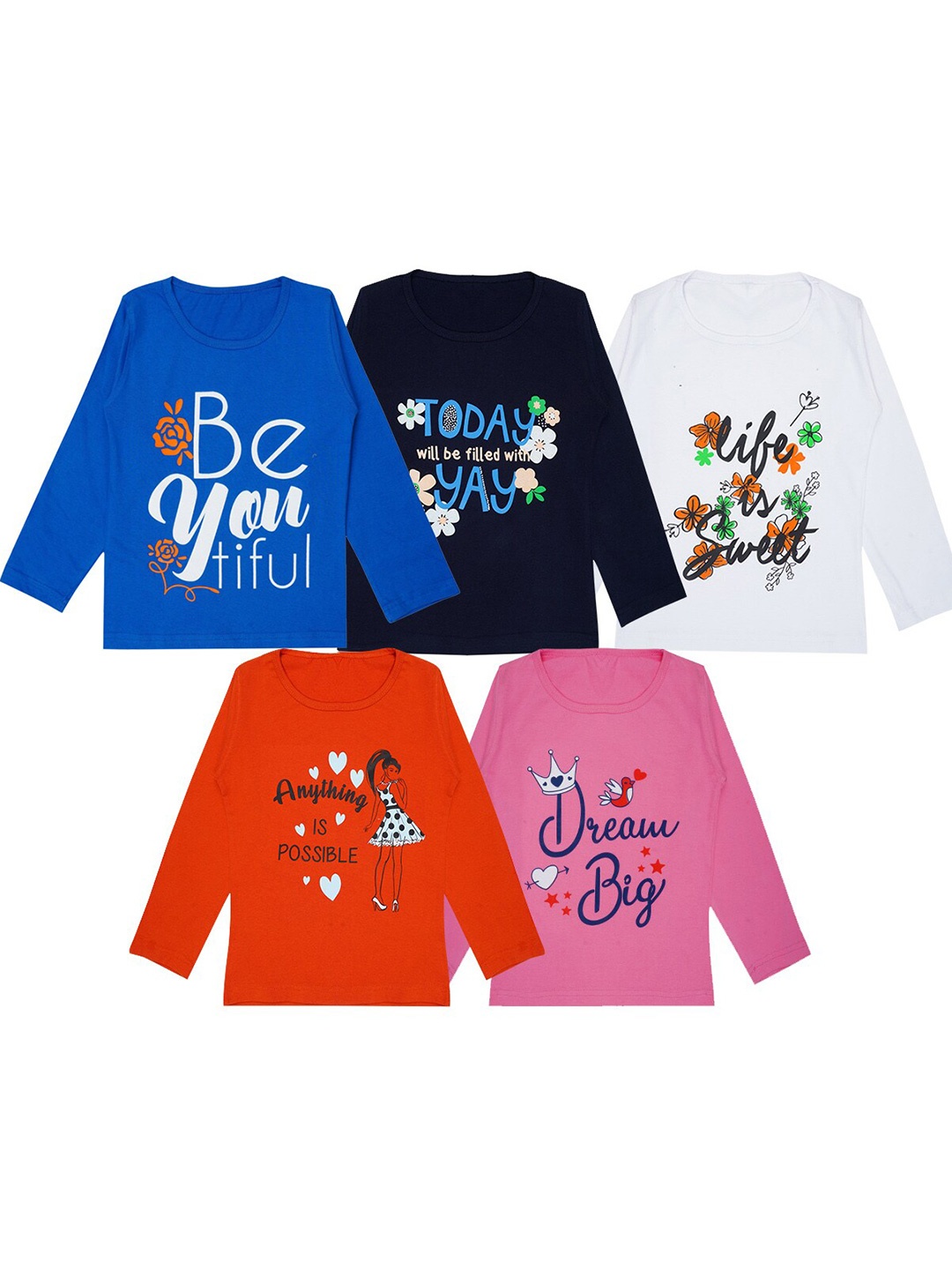 

FAZZA Girls Blue & Black Pack Of 5 Printed T-shirt