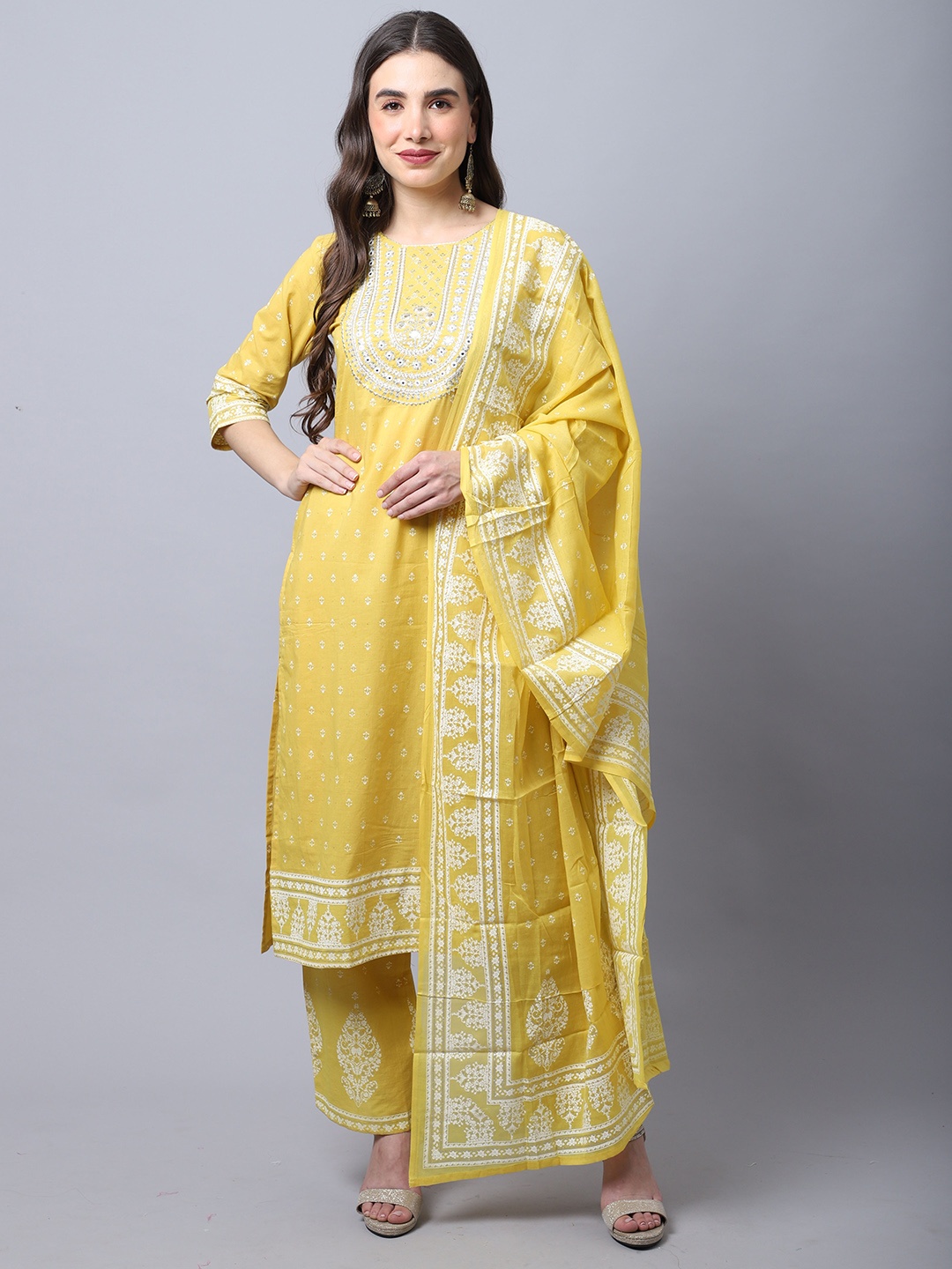 

Rajnandini Women Yellow Ethnic Motifs Yoke Design Pure Cotton Kurta with Palazzos & With Dupatta