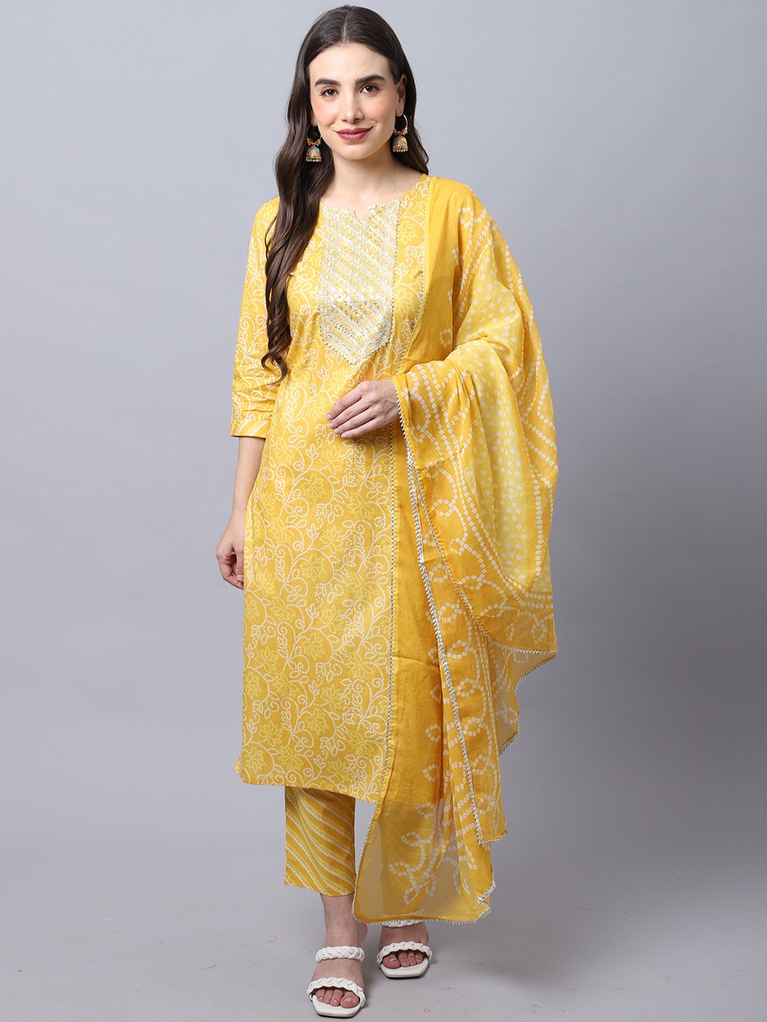 

Rajnandini Women Yellow Yoke Design Pure Cotton Kurta with Trousers & Dupatta