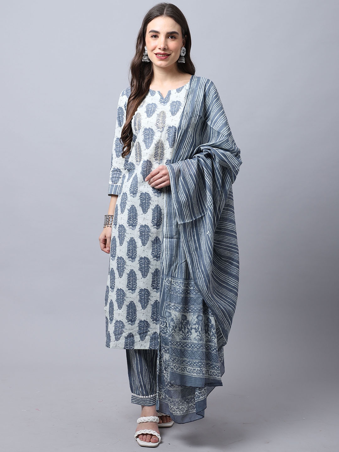 

Rajnandini Women White Ethnic Motifs Printed Pure Cotton Kurta with Palazzos & With Dupatta