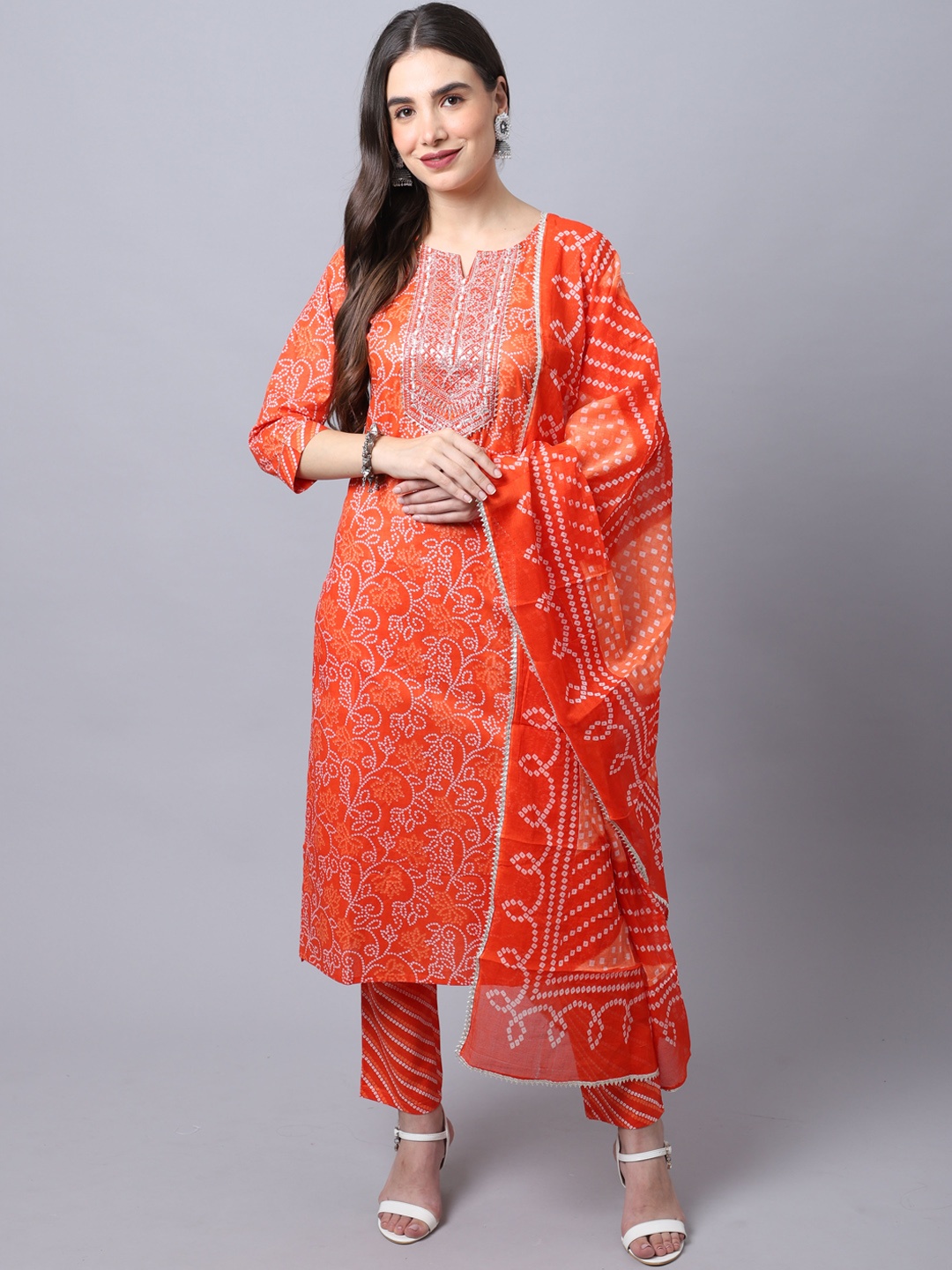 

Rajnandini Women Orange Ethnic Motifs Printed Panelled Pure Cotton Kurta with Trousers & With Dupatta