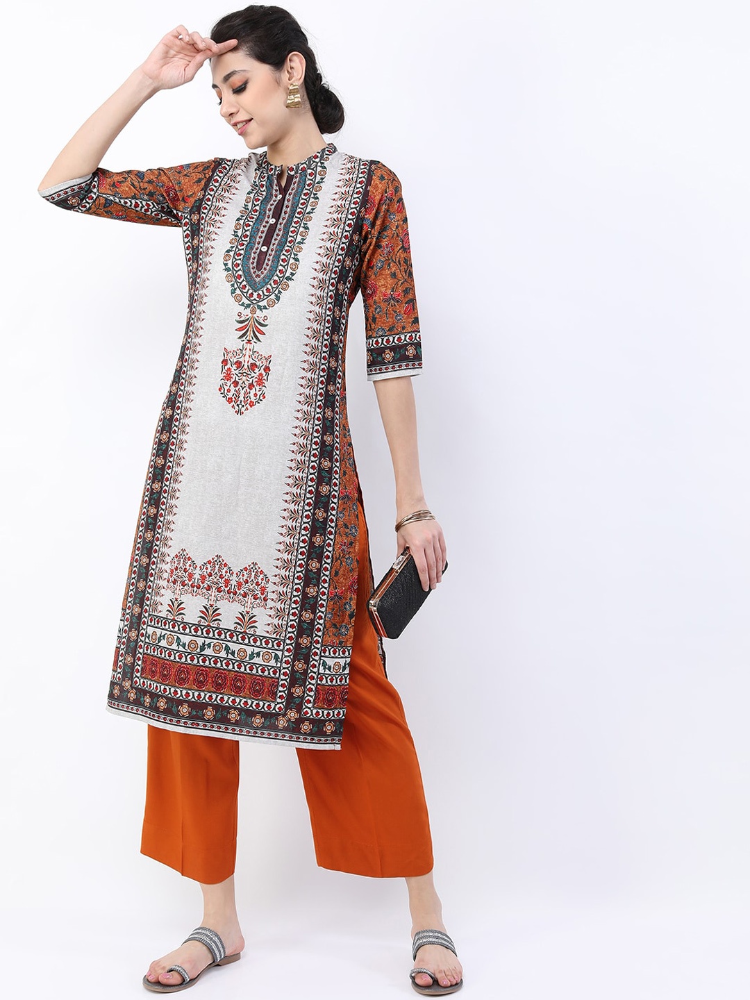 

Vishudh Women Beige Ethnic Motifs Printed Keyhole Neck Kurta