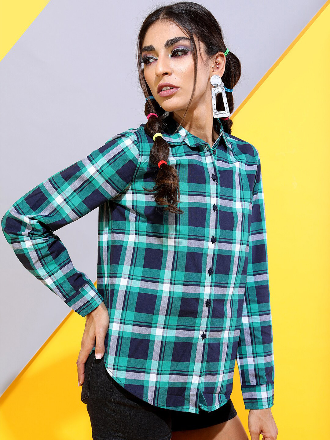 

Tokyo Talkies Women Navy Blue Tartan Checks Checked Casual Shirt