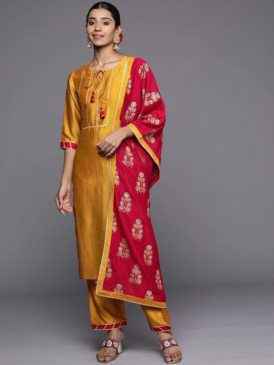 

Libas Women Mustard Yellow Gotta Patti Kurta with Trousers & With Dupatta