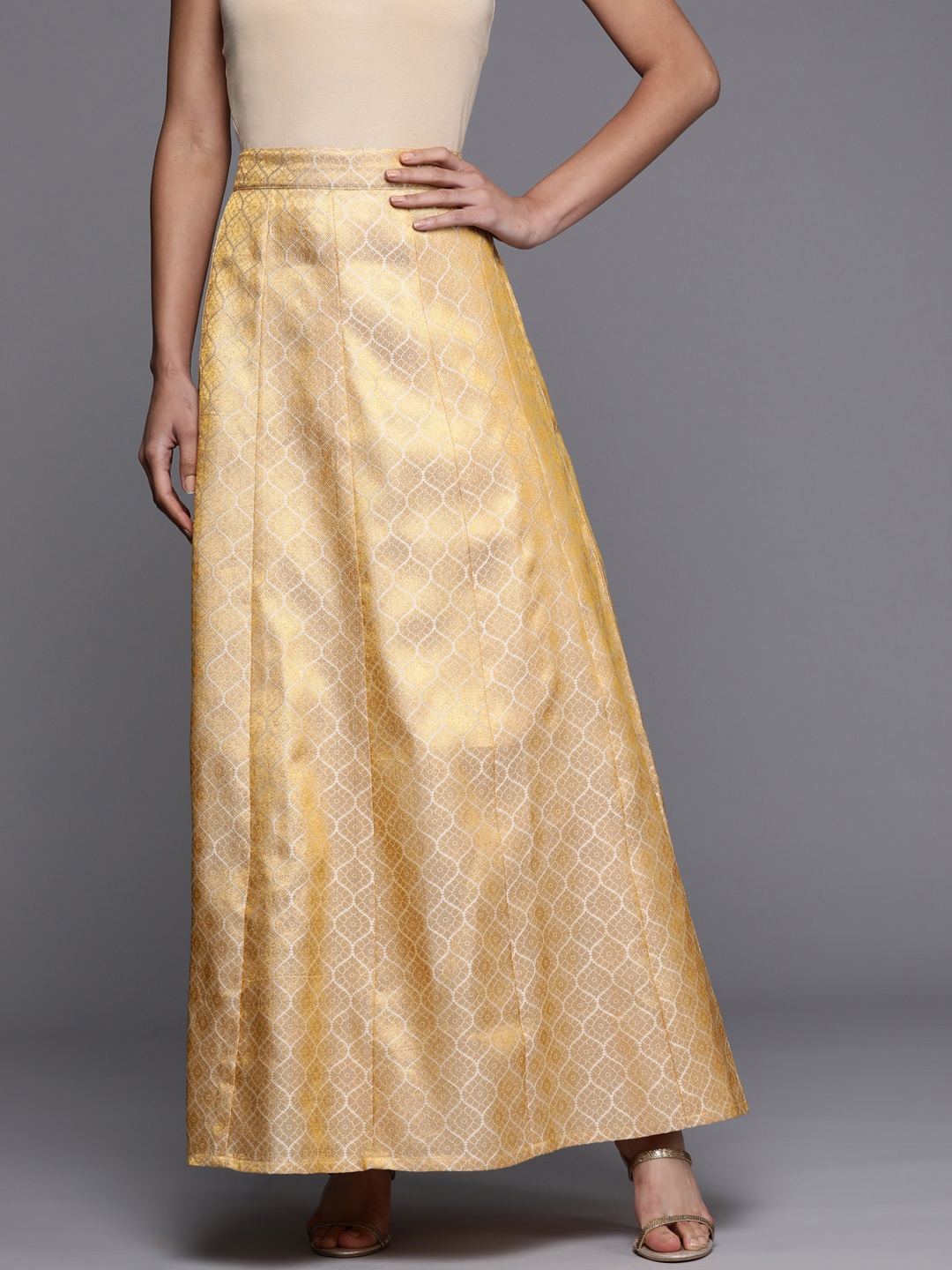 

Libas Golden Ethnic Motifs Brocade Panelled Maxi Flared Skirt, Gold