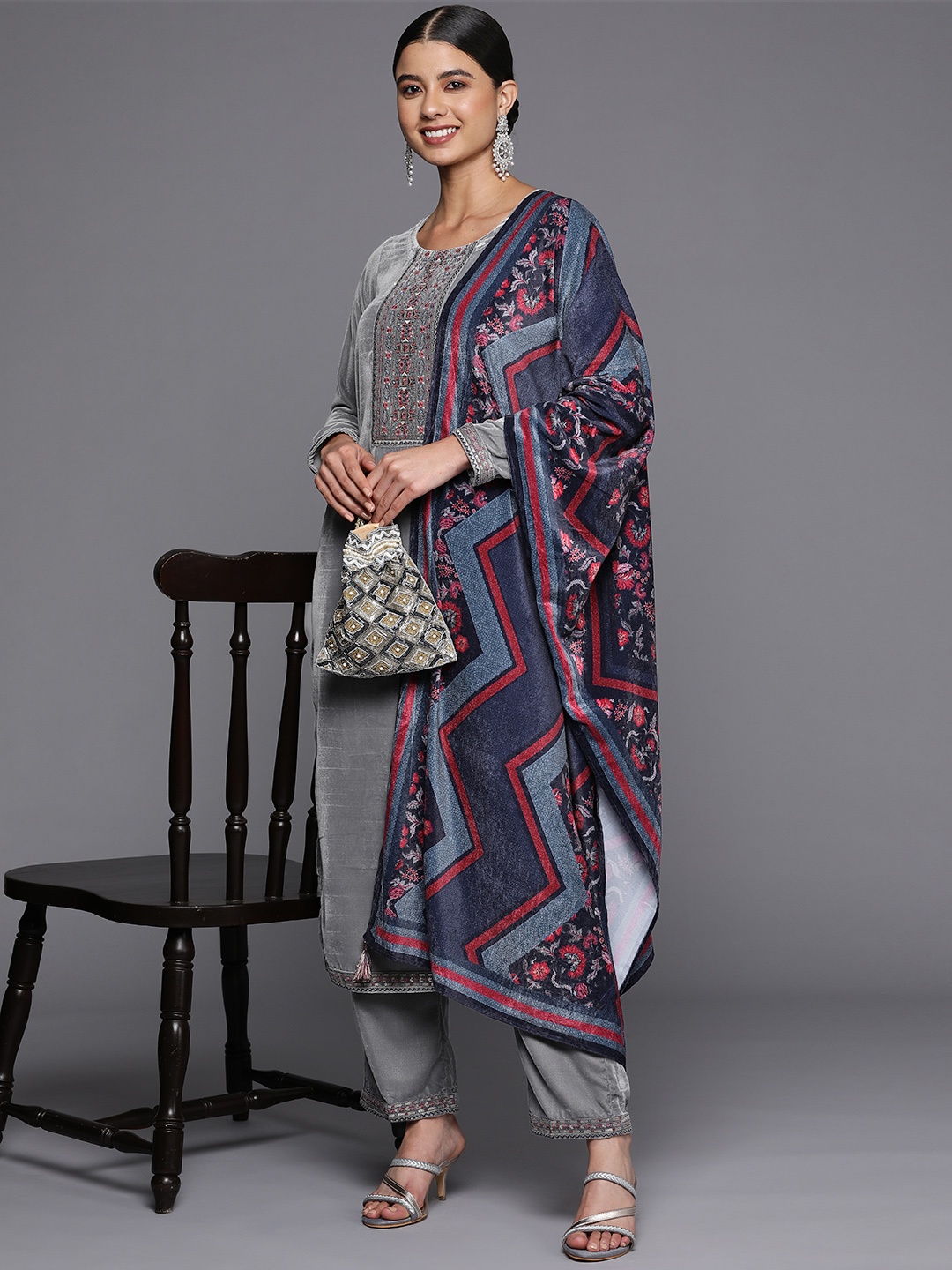 

Libas Women Grey Ethnic Motifs Embroidered Sequinned Velvet Kurta with Trousers & With Dupatta