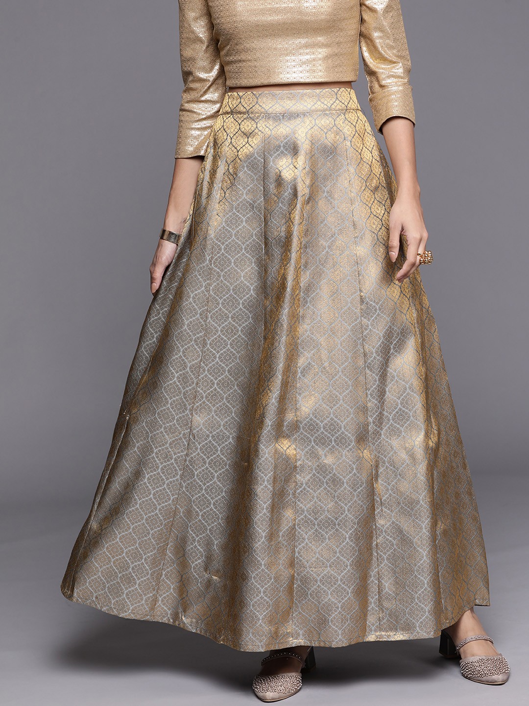

Libas Women Grey & Golden Ethnic Motifs Woven Design Ethnic Skirt