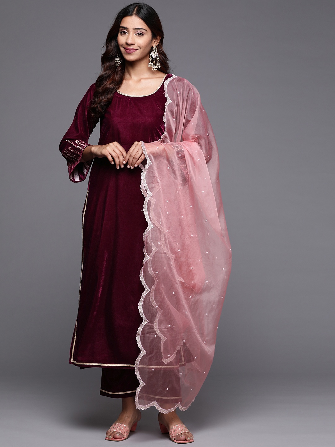 

Libas Women Purple Velvet Kurta with Trousers & With Dupatta