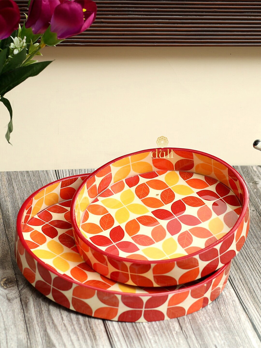 

DULI Set Of 2 Printed Wooden Enamel Coated Serving Tray, Orange
