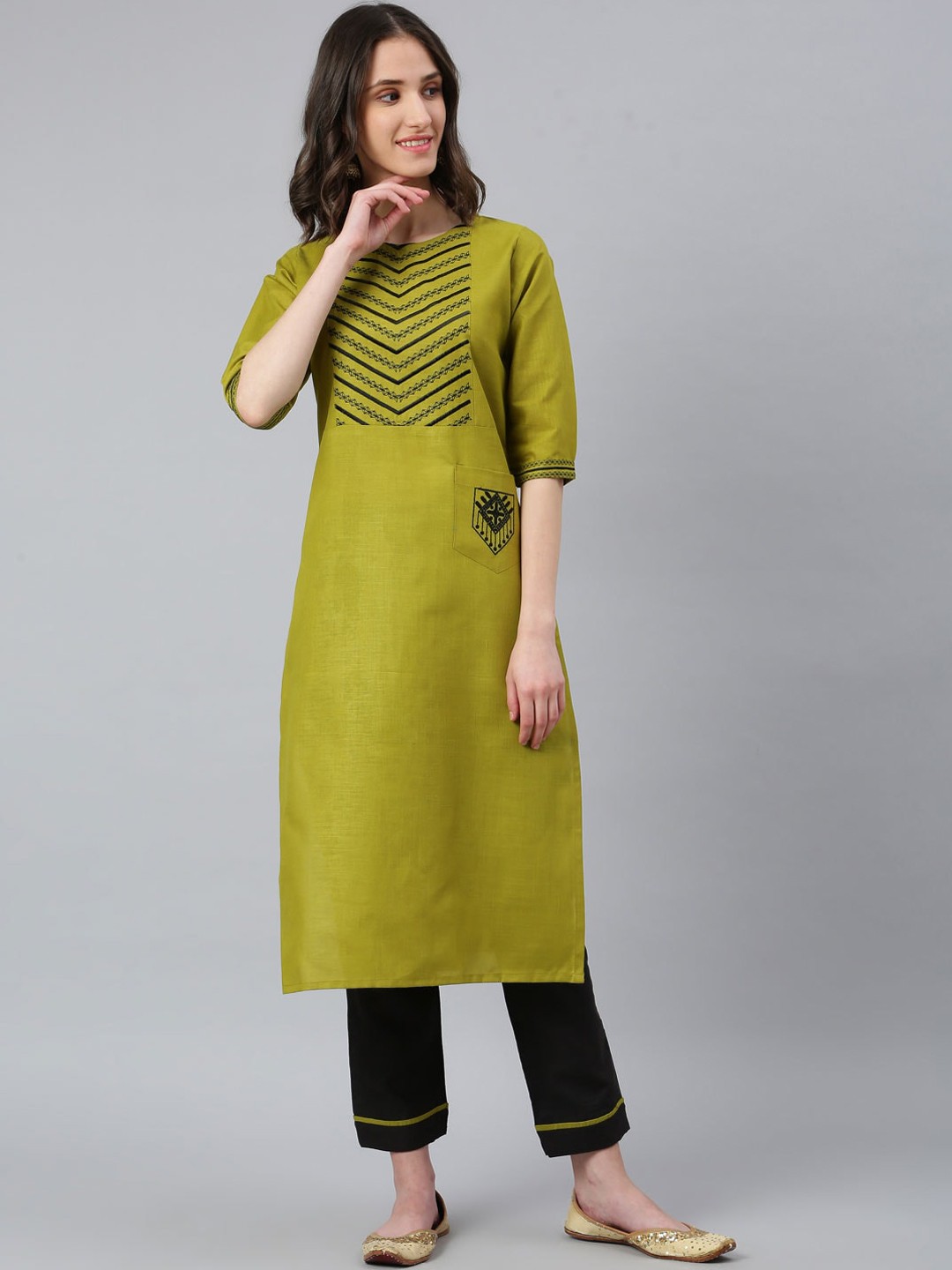 

Lilots Women Olive Green Yoke Design Kurta with Trousers