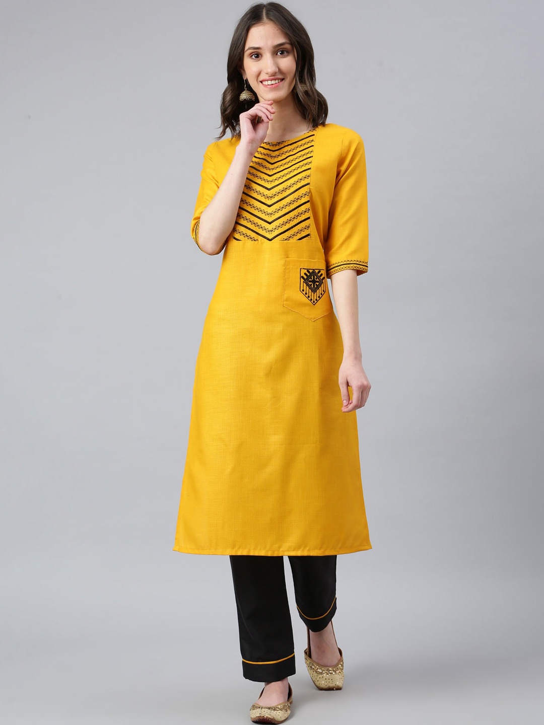 

Lilots Women Yellow Yoke Design Thread Work Kurta with Trousers