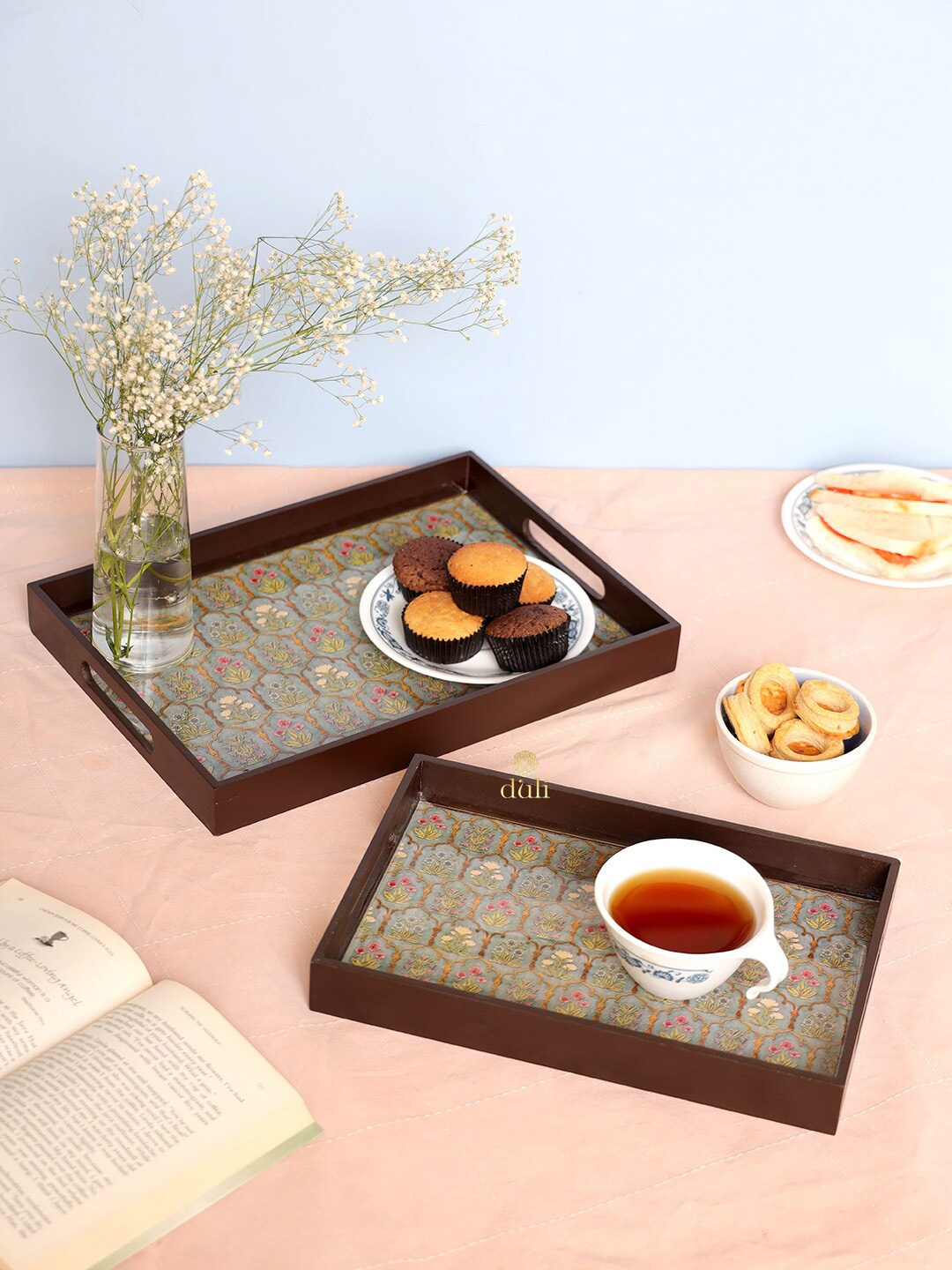 

DULI Pack Of 2 Silver-Toned Printed Enamel Coated Wooden Serving Trays