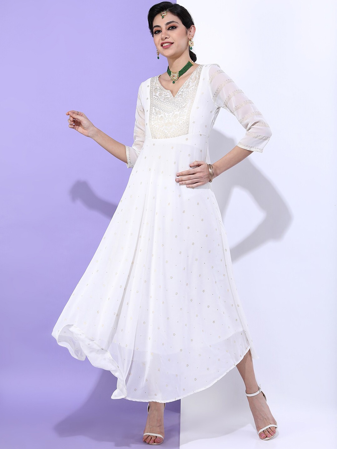 

Vishudh Women White Ethnic Maxi Dress