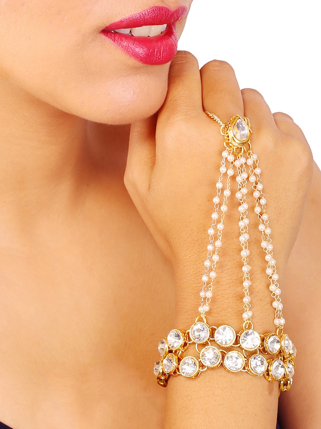 

Sanjog Women Gold-Toned Brass Kundan Antique Gold-Plated Ring Bracelet