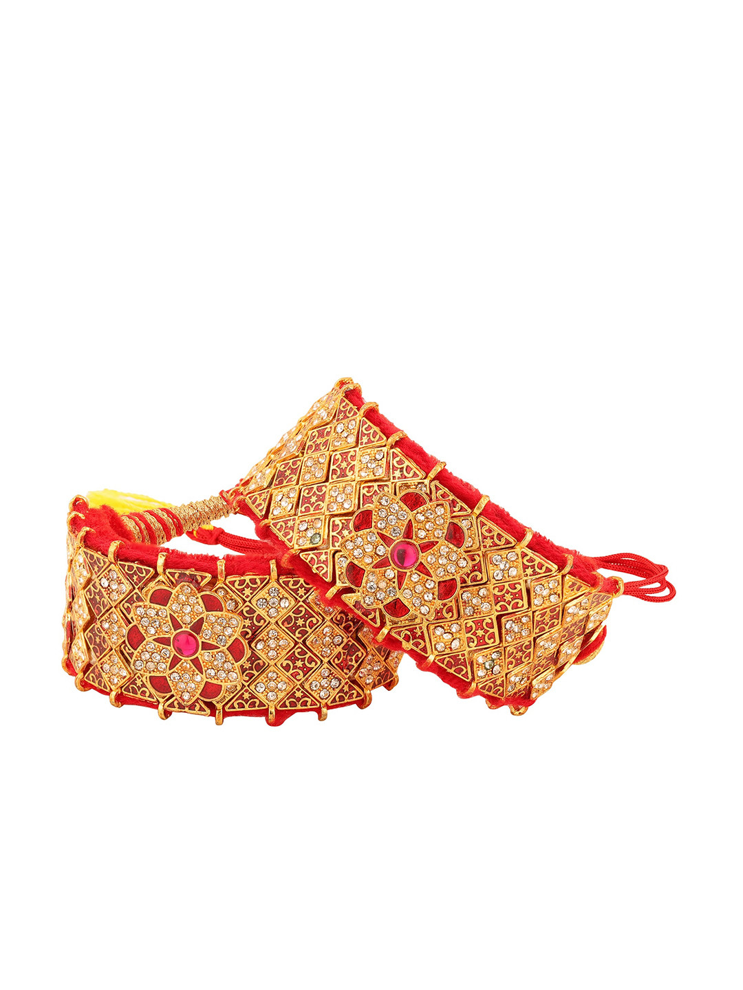 

Sanjog Women Set of 2 Gold-Plated & Red Kundan & Thread Rajasthani Bridal Pochi Bangle
