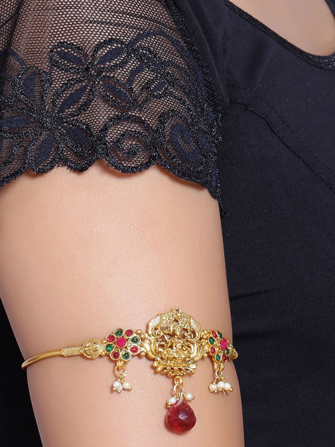 

Sanjog Women Gold-Plated & Red Brass Kundan Temple Armlet Bracelet