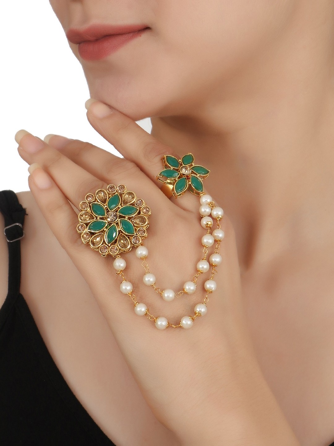 

Sanjog Gold-Plated Green Kundan-Studded & White Beaded & Chained Double Ring