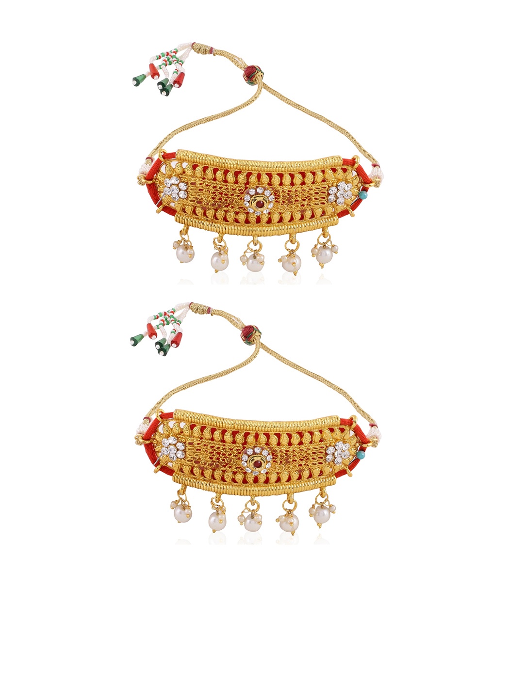

Sanjog Women Pack Of 2 Gold-Toned & Red Brass Kundan Antique Gold-Plated Armlet Bracelet