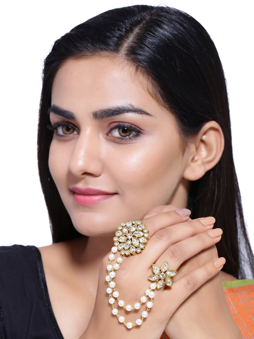 

Sanjog Gold-Plated White Kundan-Studded Beaded & Chained Multi Dual Finger Ring