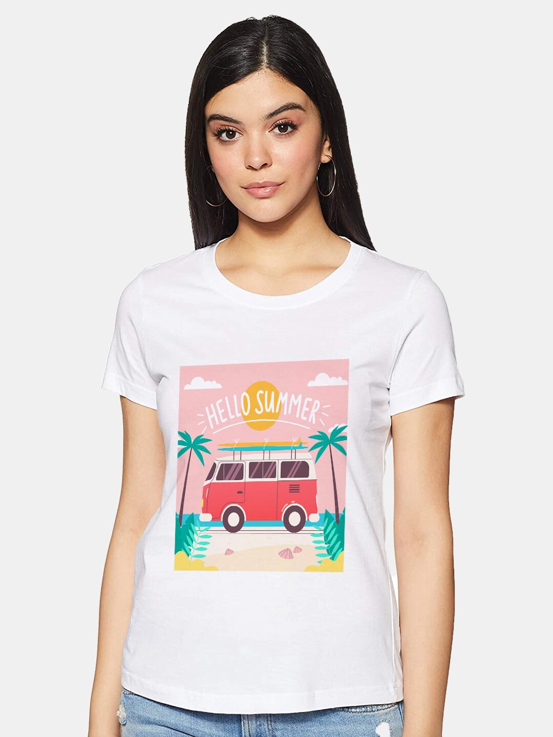 

FashionRack Women White Printed Extended Sleeves Bio Finish T-shirt