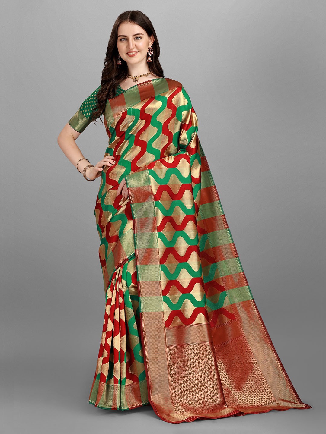 

Ethnic Yard Green & Red Woven Design Saree