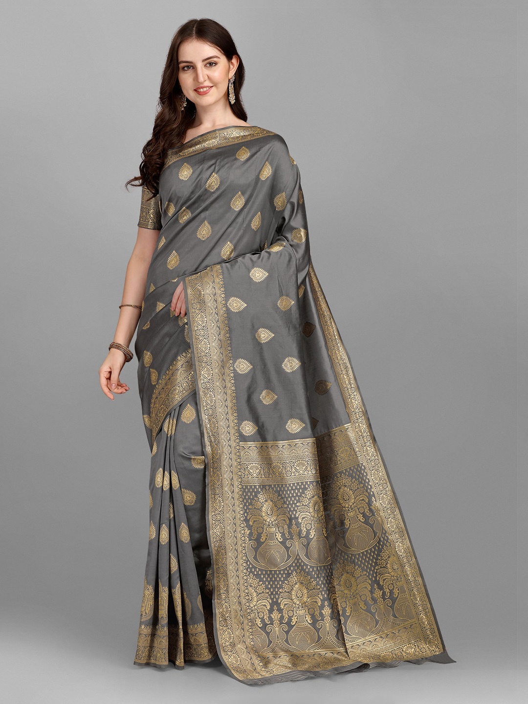 

Ethnic Yard Grey & Gold-Toned Ethnic Motifs Art Silk Saree