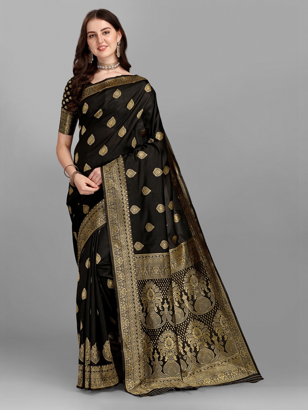 

Ethnic Yard Black & Gold-Toned Ethnic Motifs Printed Jacquard Saree
