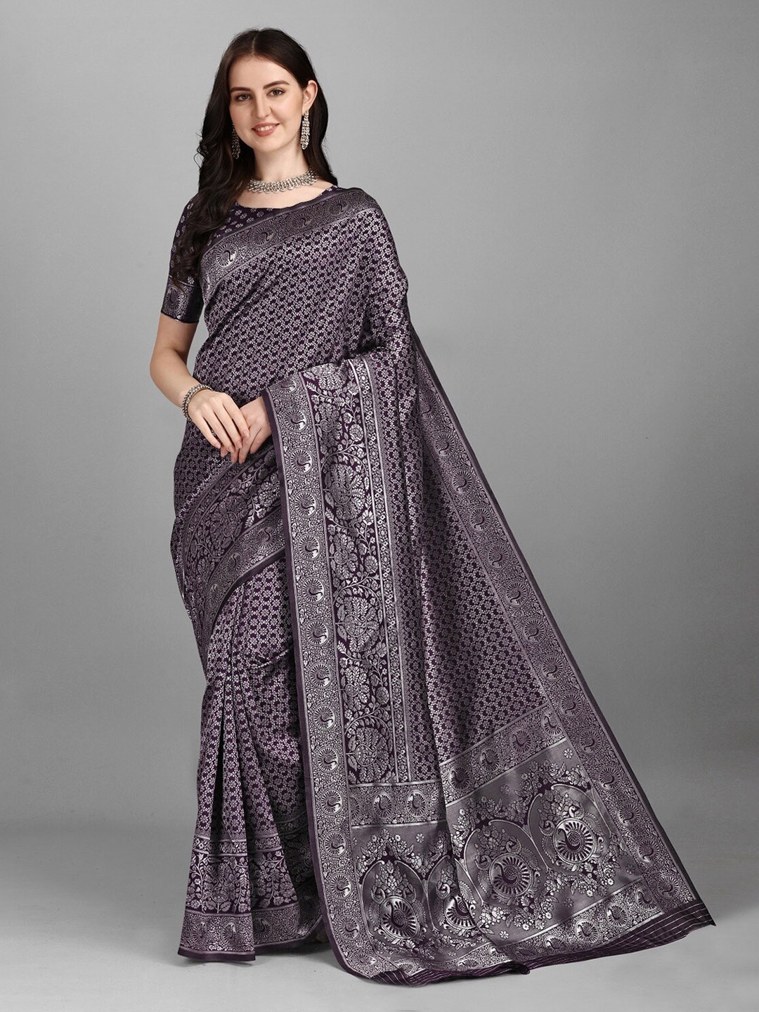 

Ethnic Yard Brown & Silver-Toned Ethnic Motifs Printed Jacquard Saree
