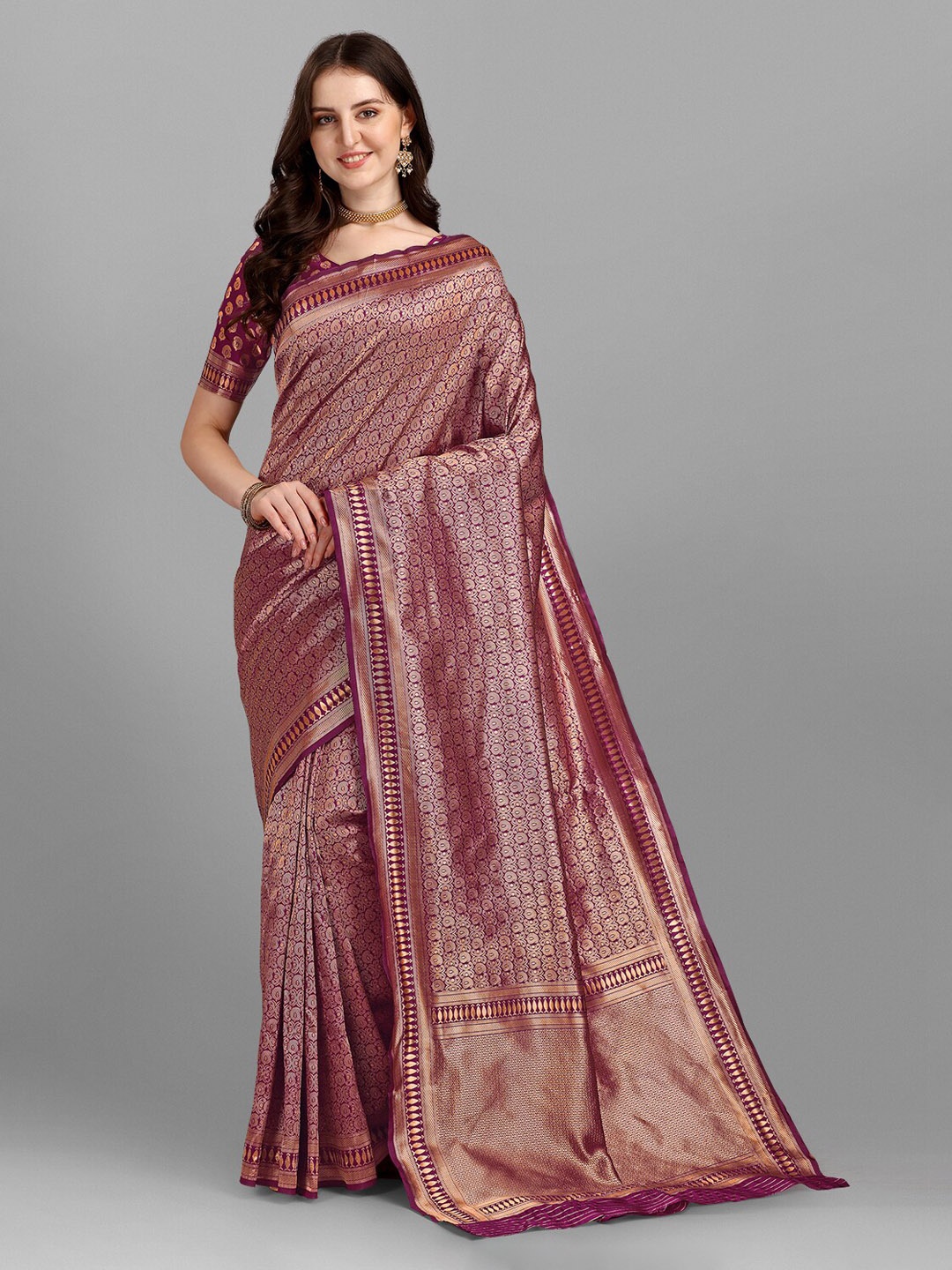 

Ethnic Yard Purple & Gold-Toned Ethnic Motifs Zari Art Silk Saree