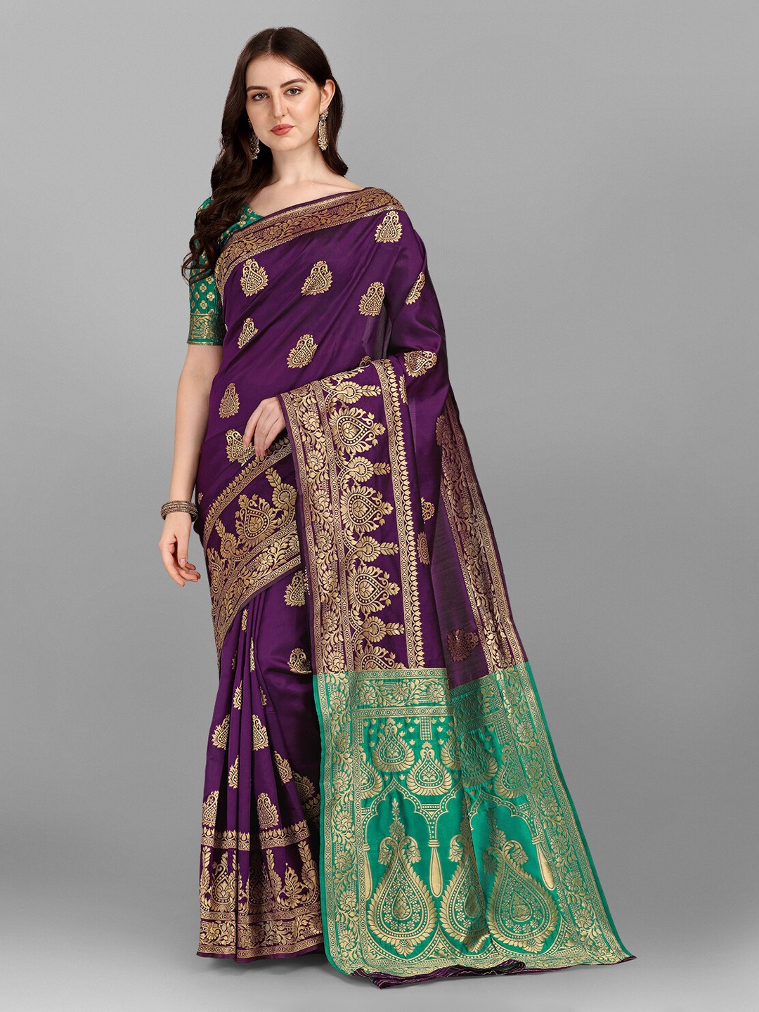 

Ethnic Yard Purple & Gold-Toned Ethnic Motifs Silk Blend Saree With Unstitched Blouse