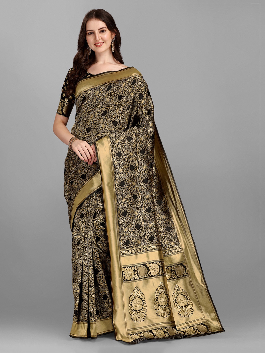 

Ethnic Yard Black & Gold-Toned Woven Design Cotton Blend Saree