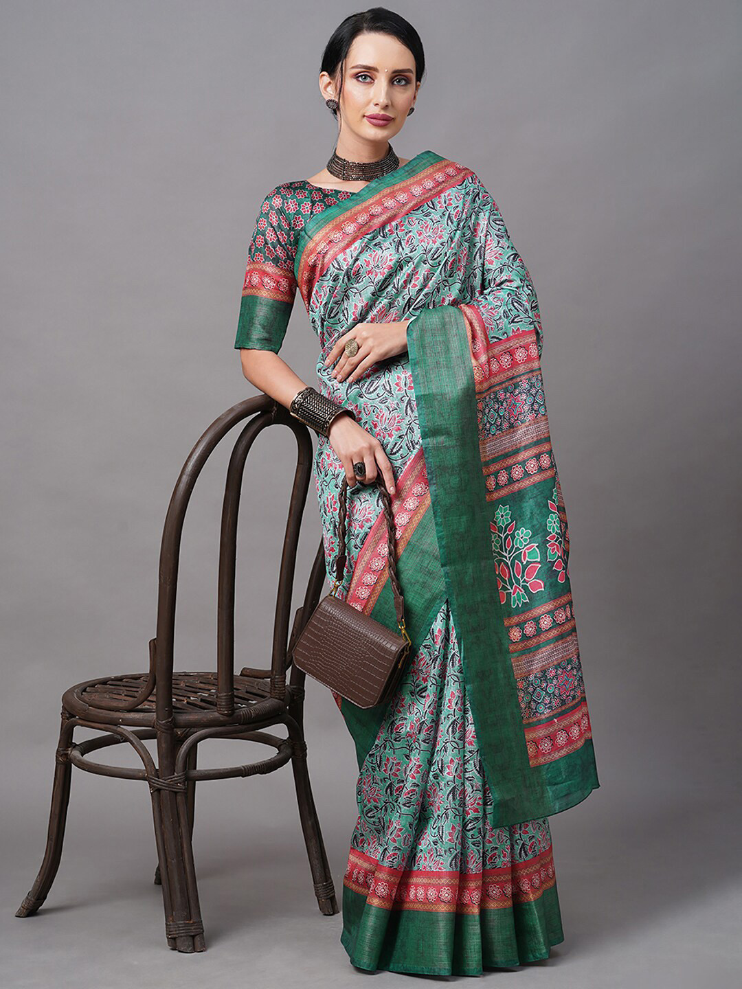 

Mitera Green & Pink Bagh Zari Linen Blend Bagh Saree