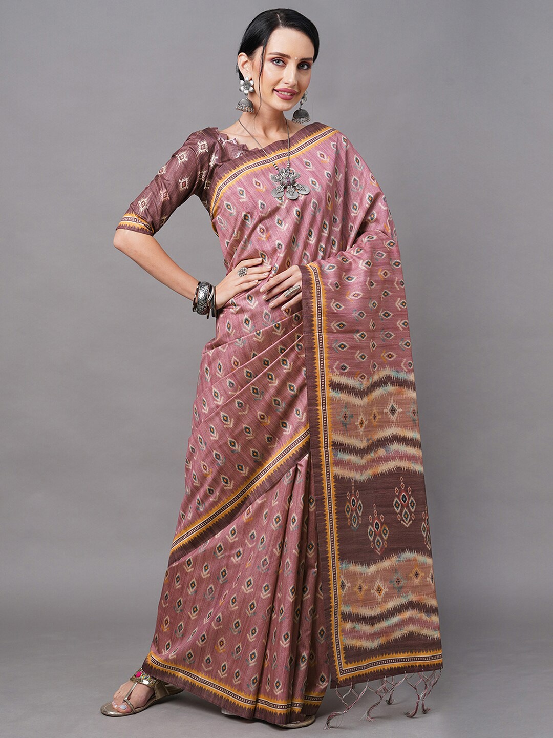 

Mitera Mauve & Yellow Ethnic Motifs Prined Art Silk Bhagalpuri Saree