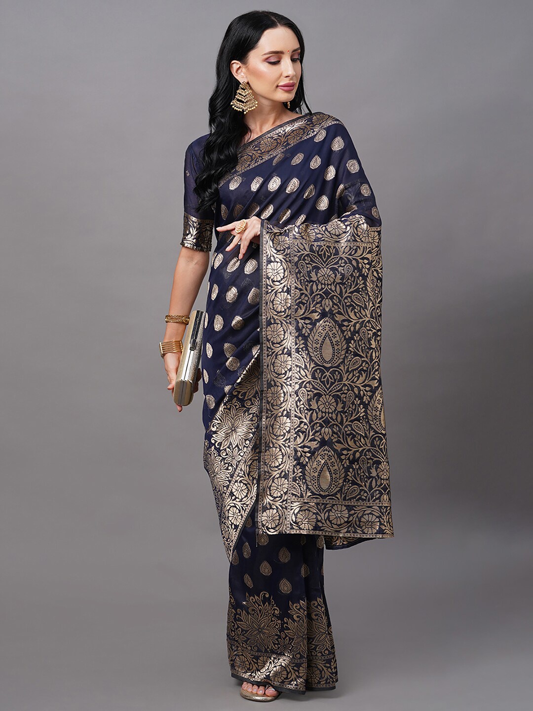 

Mitera Navy Blue & Gold-Toned Bagh Zari Silk Cotton Banarasi Saree