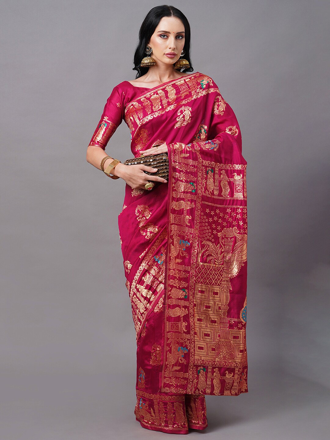 

Mitera Pink & Blue Woven Design Zari Silk Blend Baluchari Saree