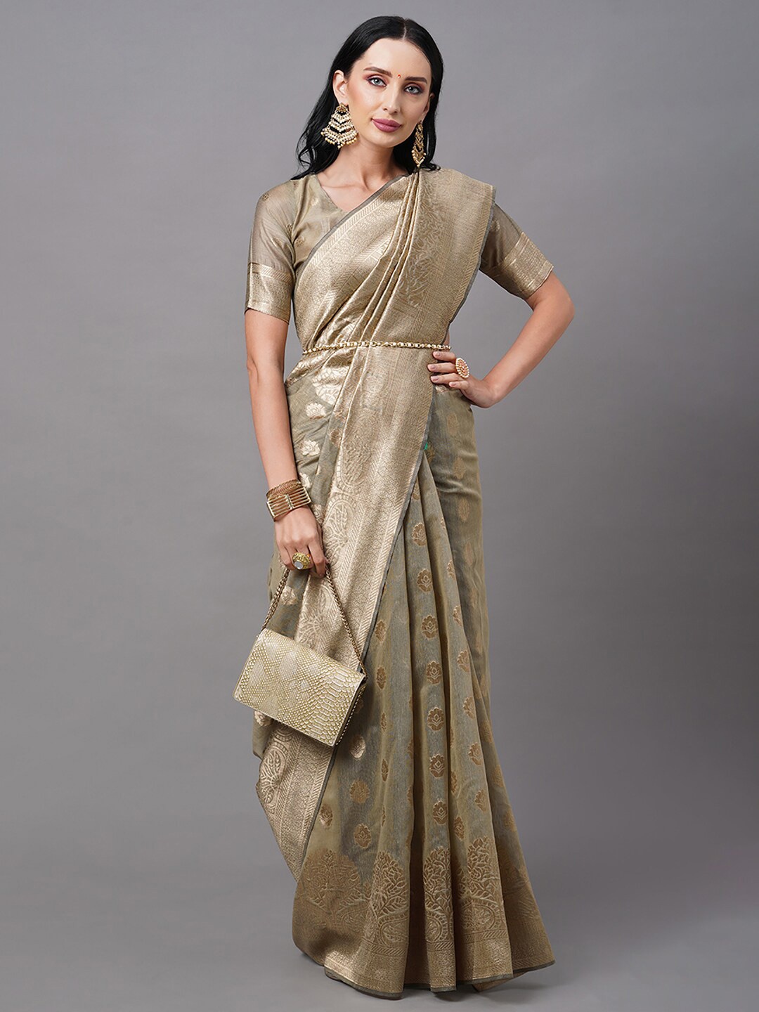 

Mitera Gold-Toned Floral Zari Silk Cotton Banarasi Saree