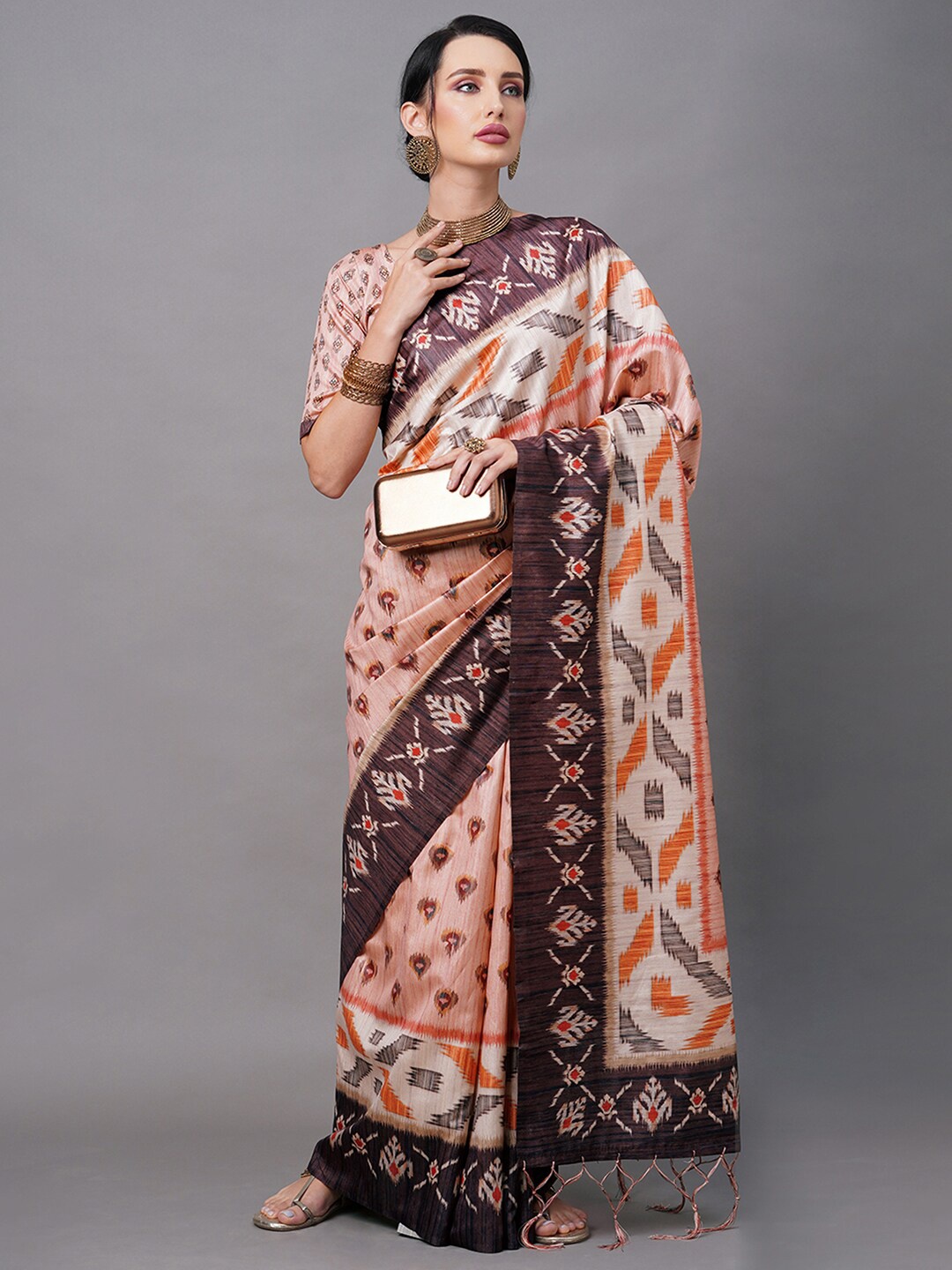 

Mitera Peach-Coloured & Brown Ethnic Motifs Art Silk Ikat Saree