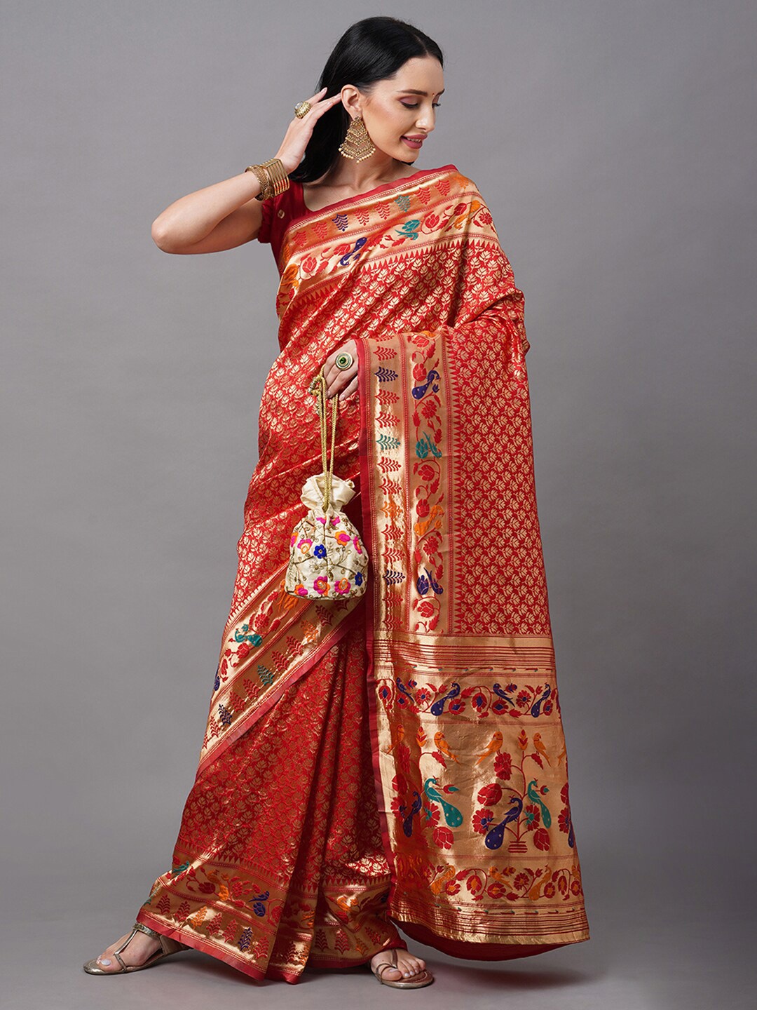 

Mitera Red & Gold-Toned Paisley Zari Silk Blend Saree