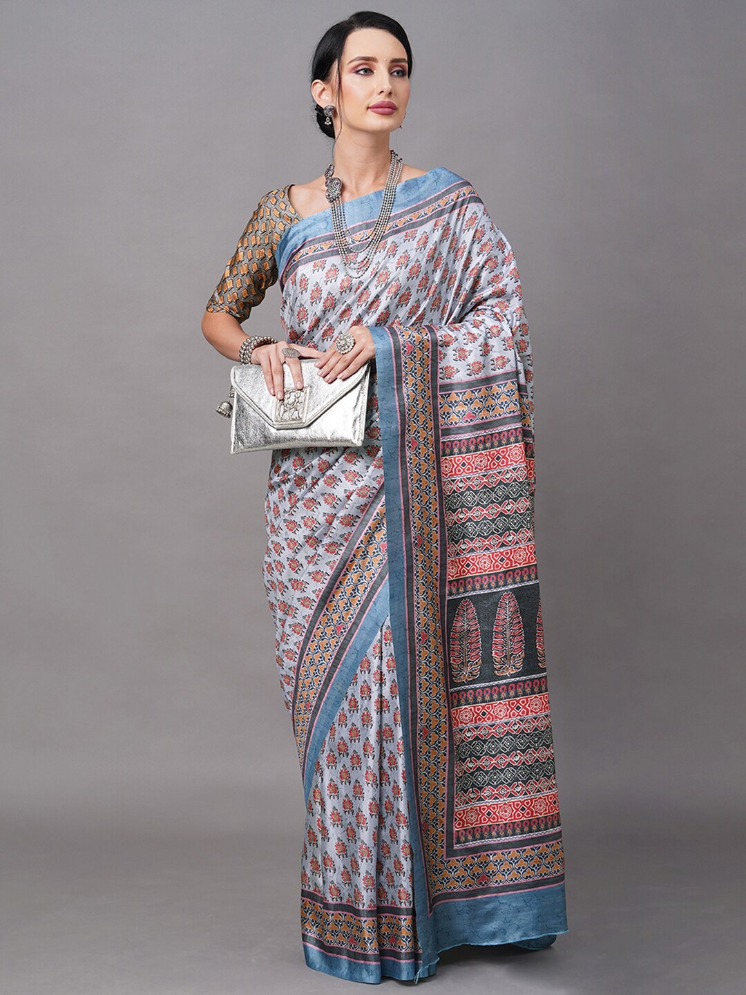 

Mitera Grey & Blue Bagh Silk Blend Saree