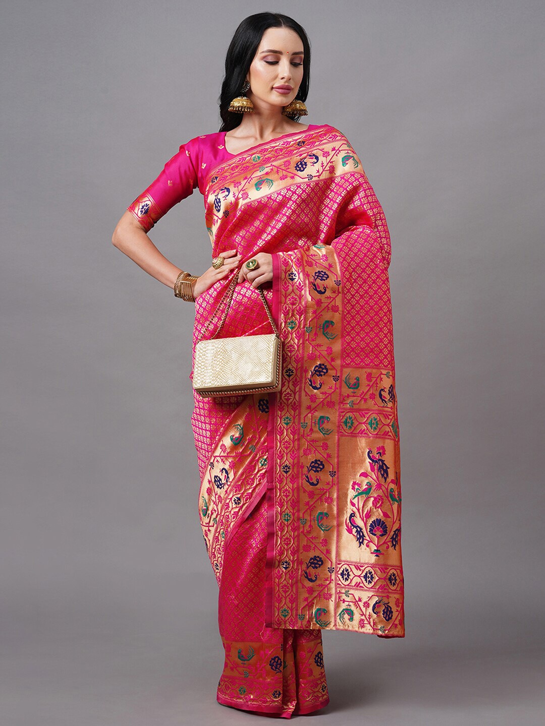 

Mitera Pink & Gold-Toned Woven Design Zari Silk Blend Paithani Saree
